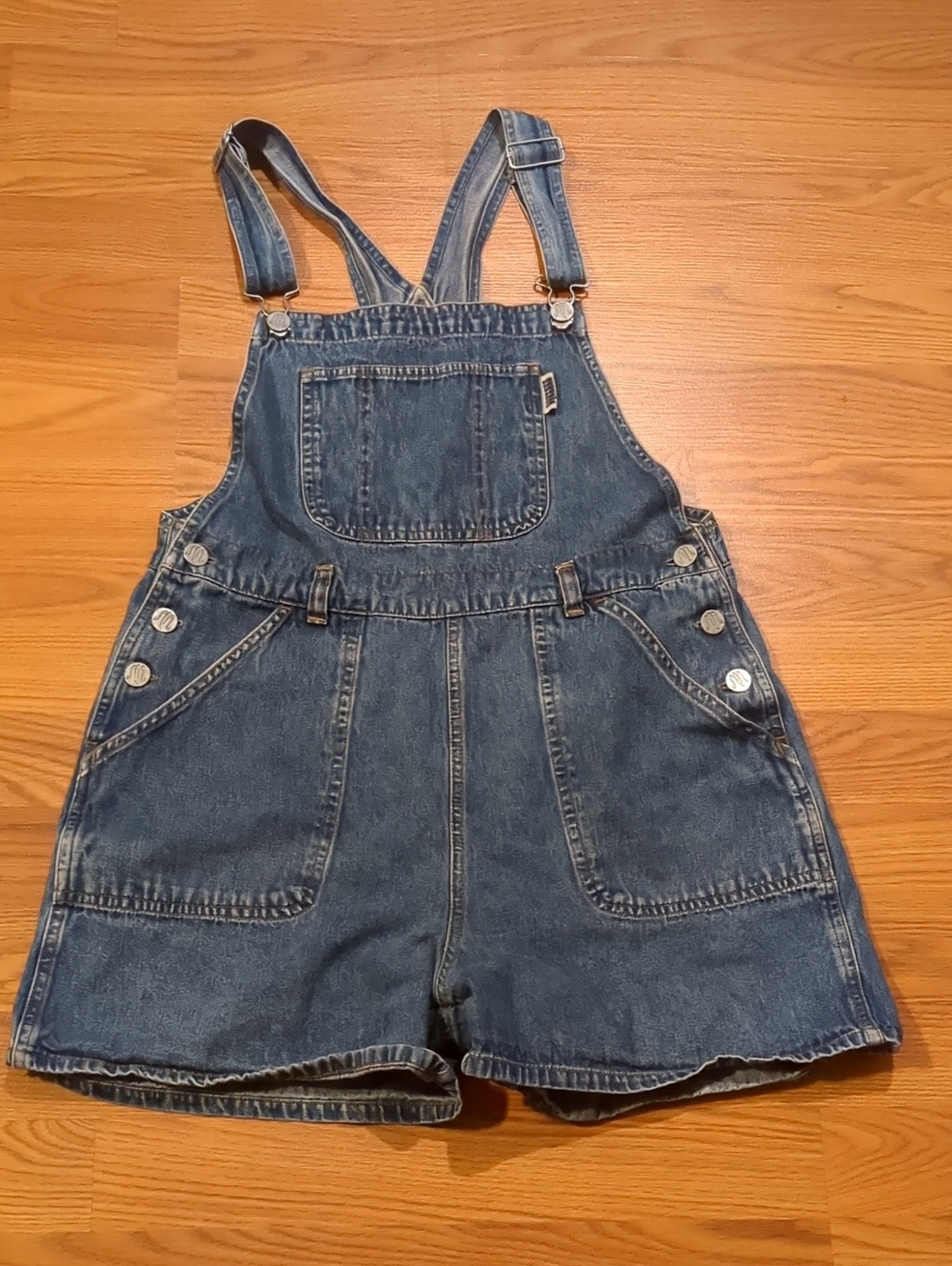 Vintage 90s Squeeze Denim Overall Shorts Size L Medium Wash 100% Cotton